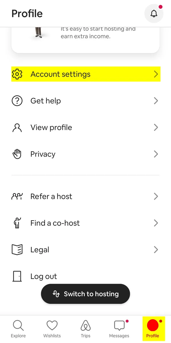 Вкладка Profile в приложении Airbnb. Выделен пункт Account settings.