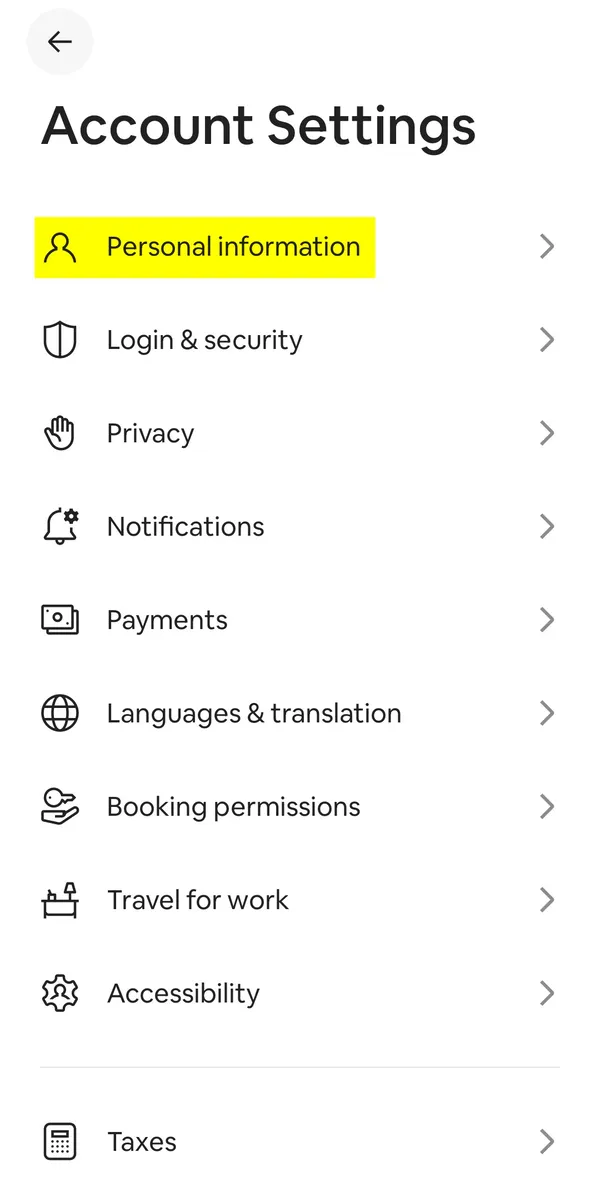 Экран Account Settings. Выделен пункт Personal information.