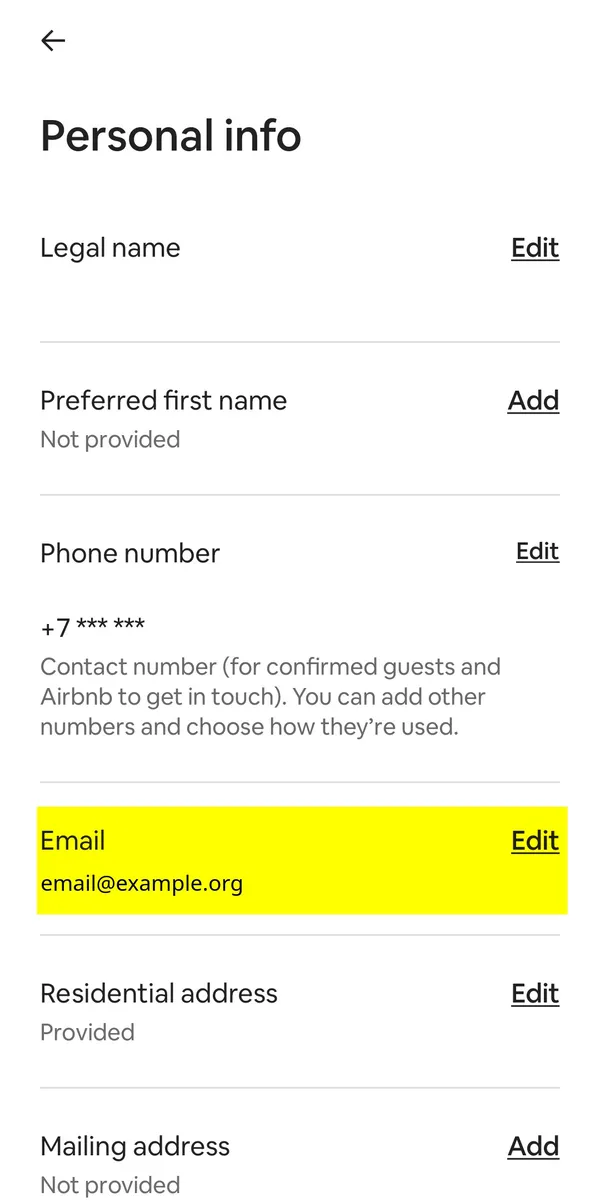 Экран Personal info. Выделена строка Email с адресом аккаунта.